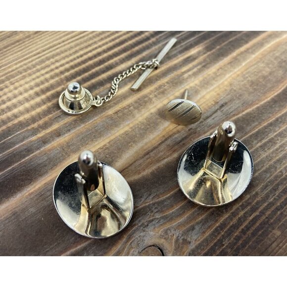 Vintage Retro 60’s Men’s Gold Striped Oval Cufflinks & Tie Pin Set Gift - Picture 4 of 5